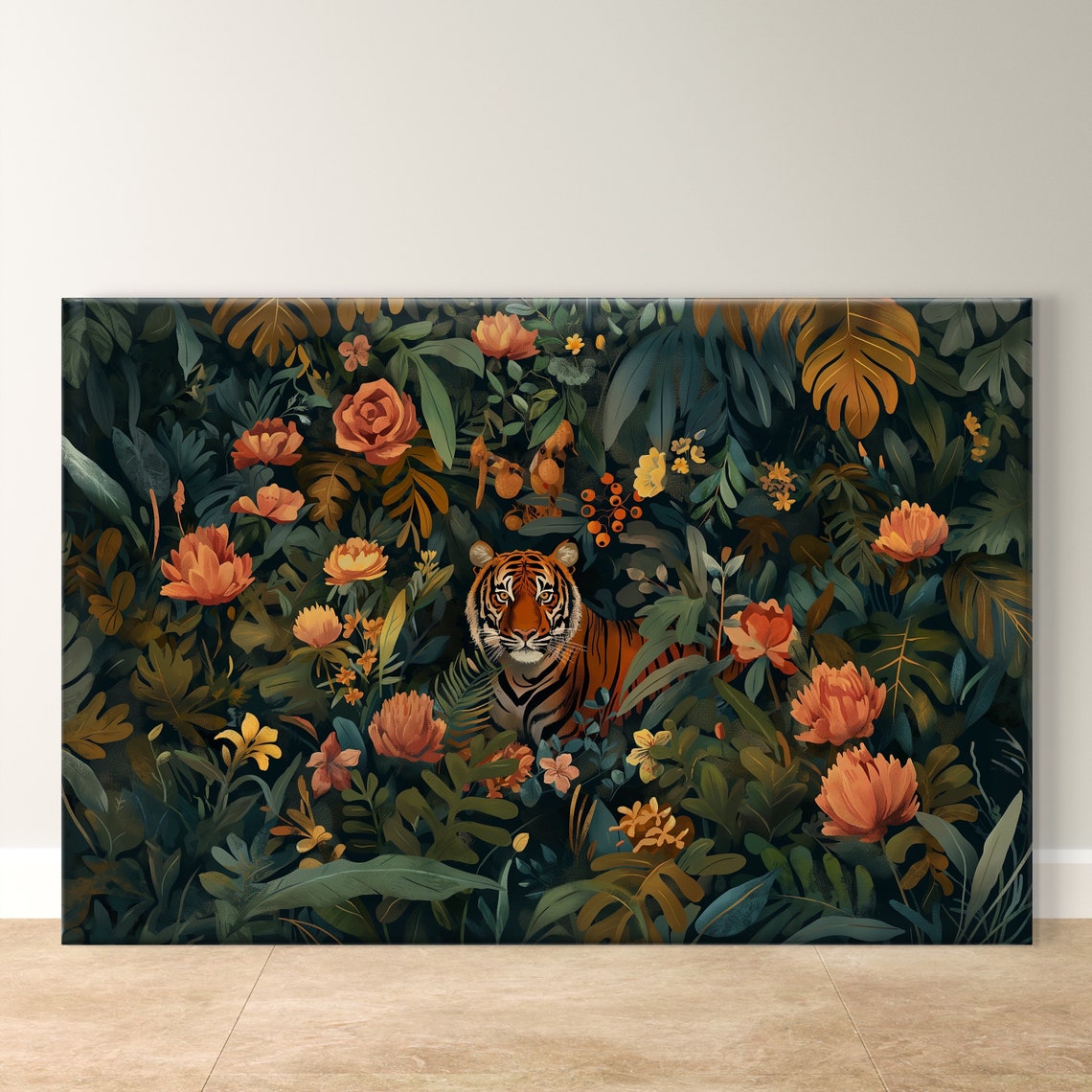 Tiger Peeking Through Dark Floral Jungle Orange Blooms Art Poster