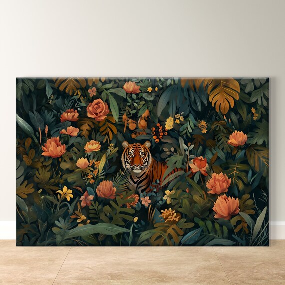 Tiger Peeking Through Dark Floral Jungle Orange Blooms Art Poster
