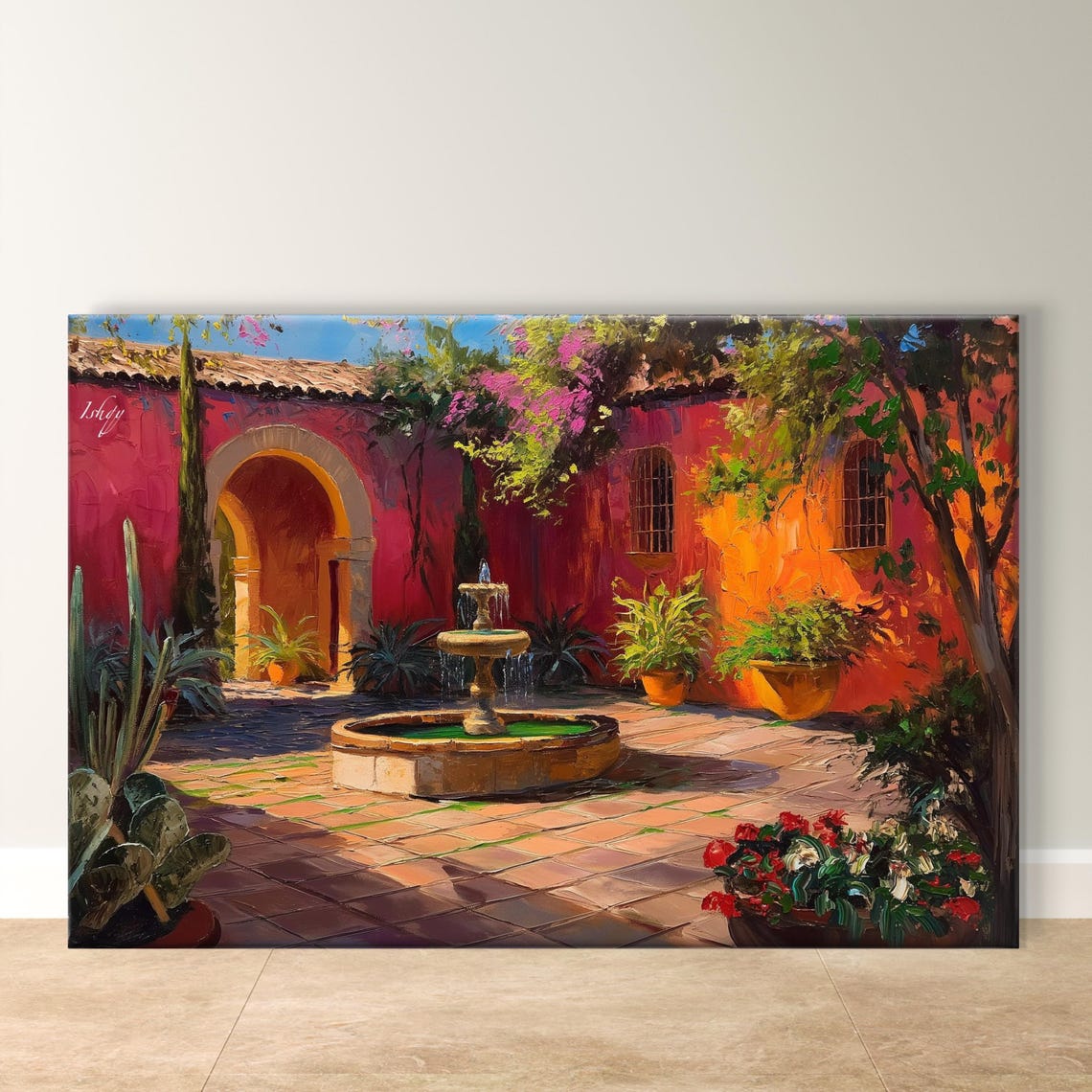 Mexican Courtyard with Fountain and Red Walls Painting Poster