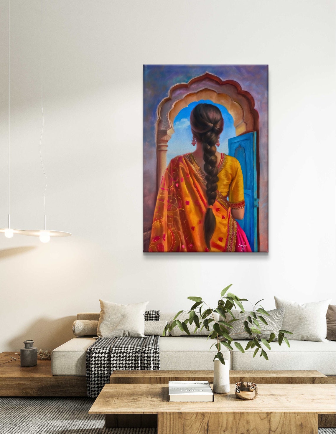 Punjabi Woman with Long Braid at Arched Blue Doorway Art Poster - Image 5
