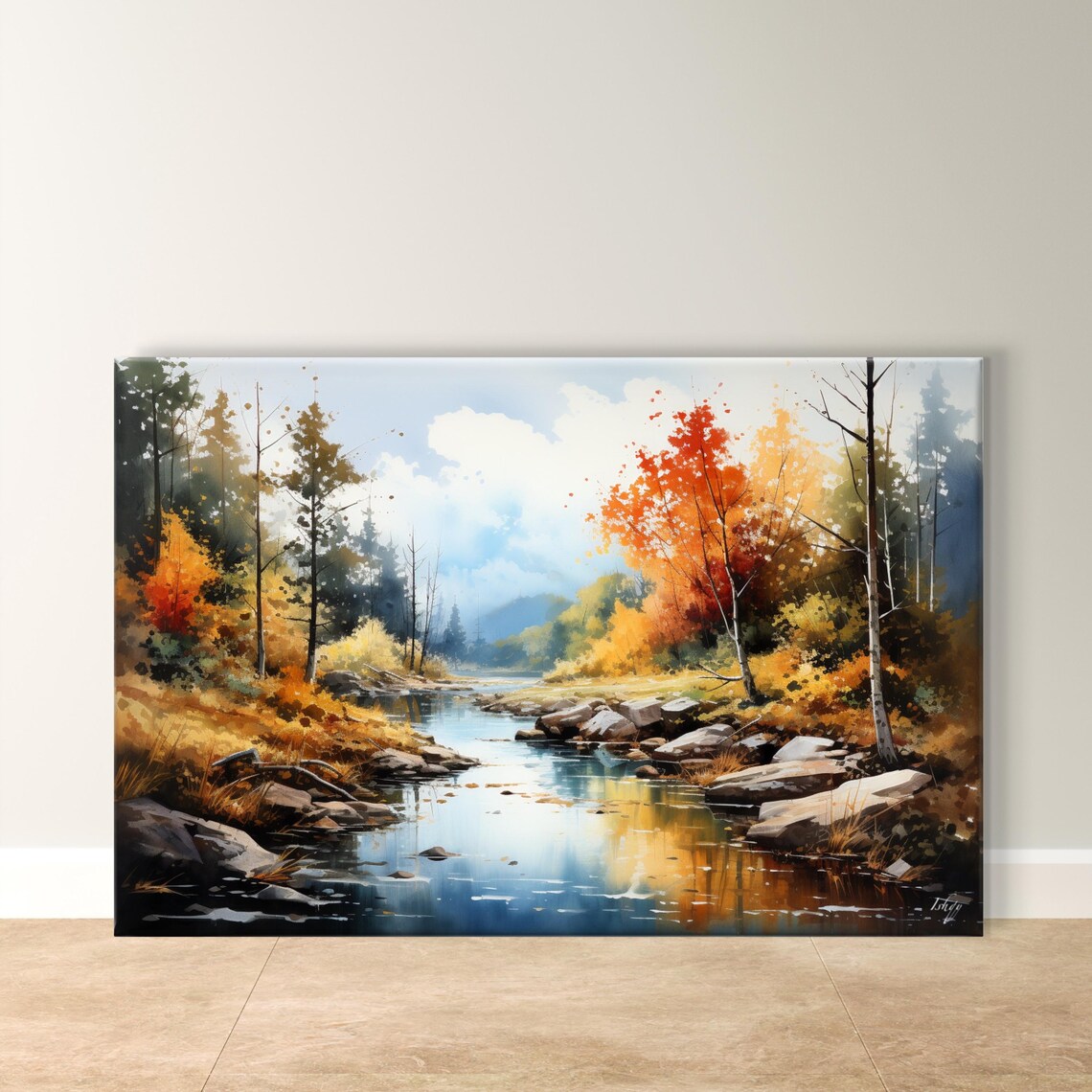 Autumn in New England Fall River and Forest Watercolor Poster