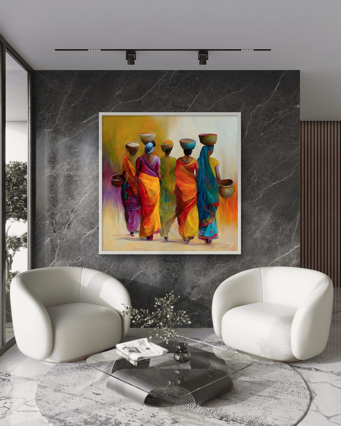 Women in Sarees Carrying Water Pots Vibrant Heritage Scene Poster - Image 3