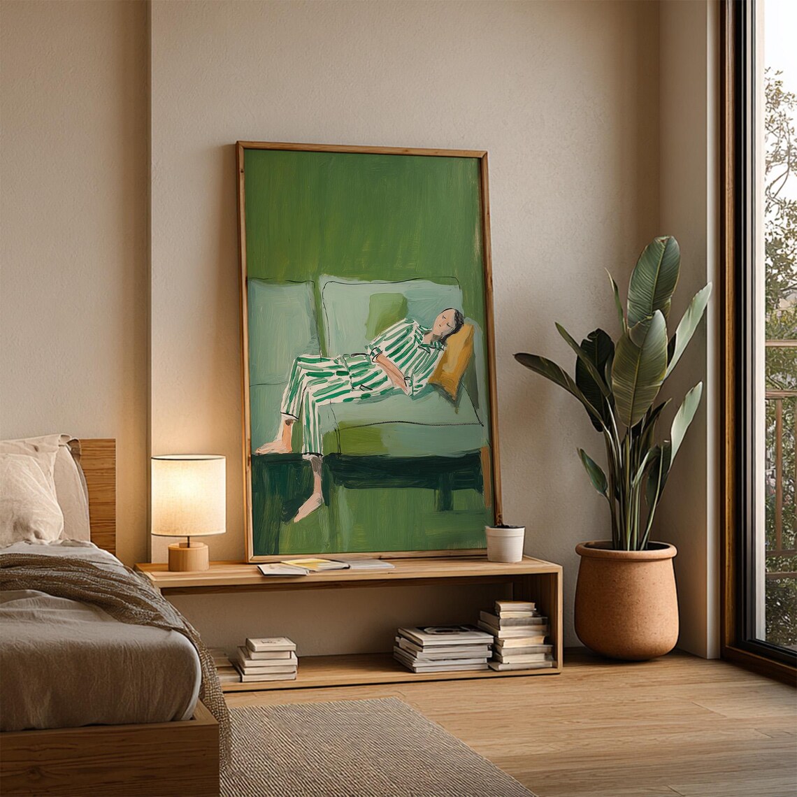 Cozy Sleeping Woman in Green Striped Pajamas on Sofa Art Print