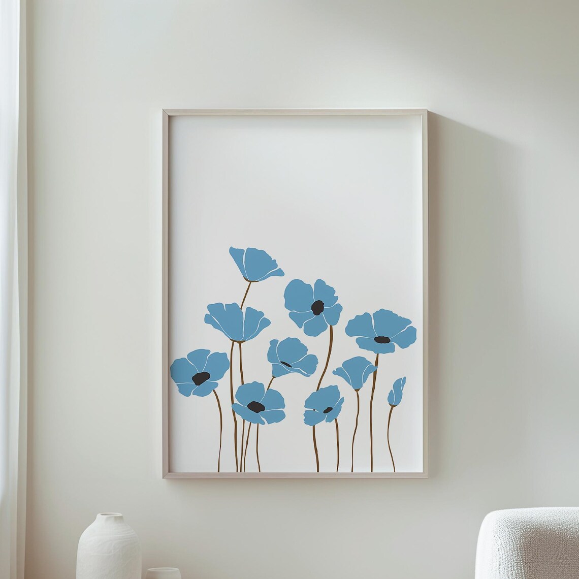 Minimalist Blue Poppy Botanical Floral Modern Living Room Poster