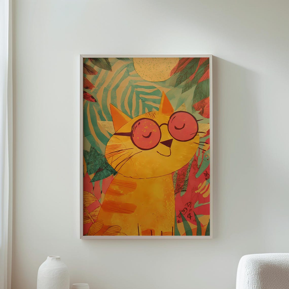 Happy Orange Cat Pink Sunglasses Tropical Leaf Funny Animal Wall Art