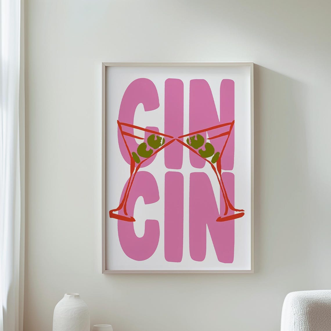 Cin Cin Martini Glasses Toast Bold Pink Retro Bar Cart Cocktail Poster