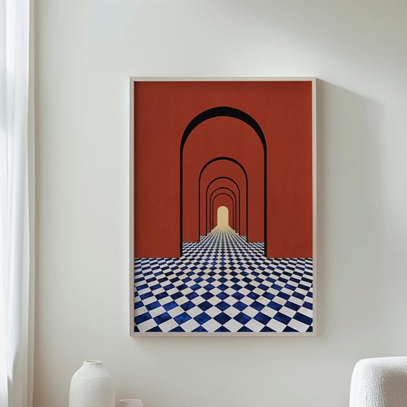 Geometric Wall Art Modern Decor Abstract Print Arches Checkered Corridor Contemporary Home