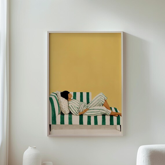 Modern Wall Art Woman Resting On Green Striped Sofa Boho Home Decor Contemporary Artwork For Living Room