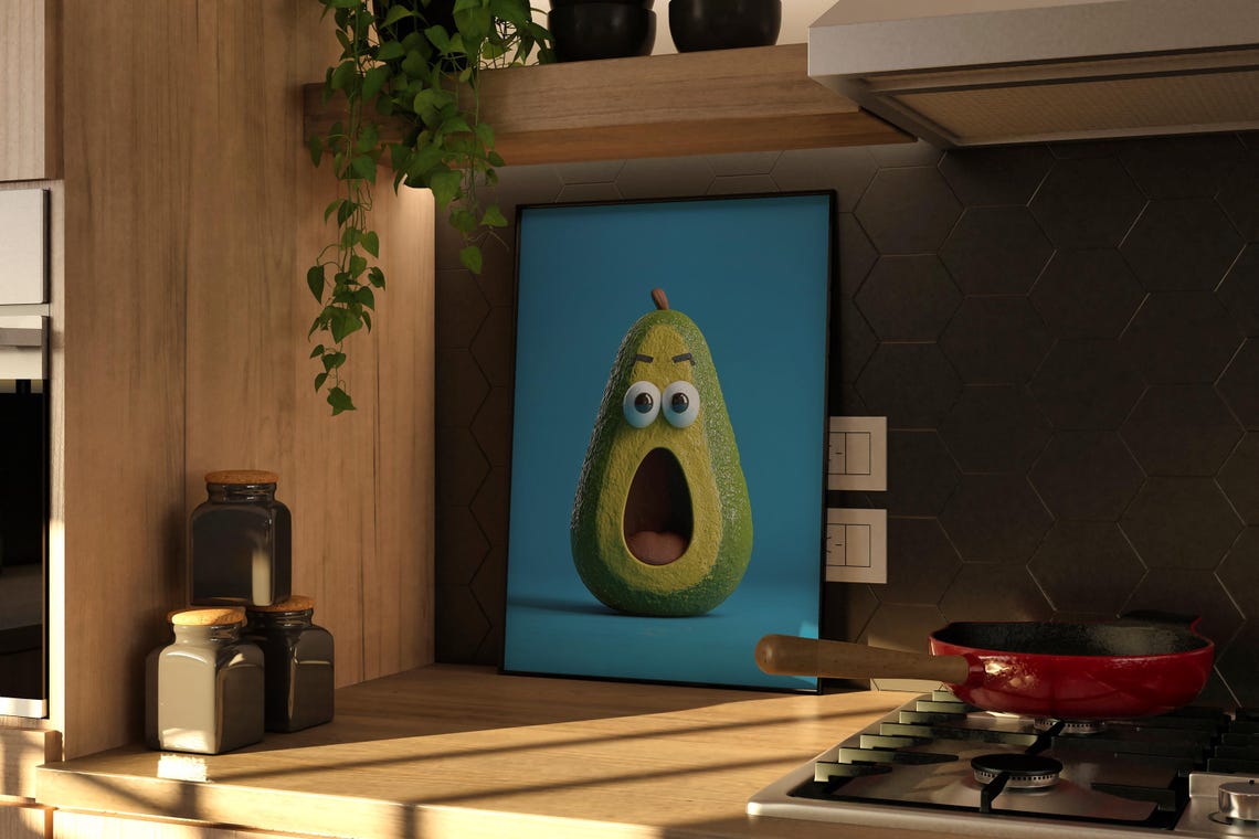Screaming Avocado Cartoon Character Whimsical Kitchen Poster