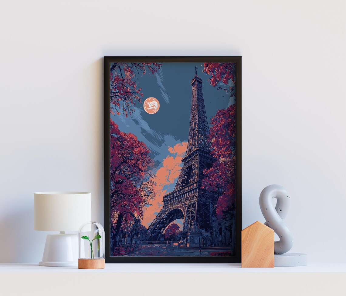Paris Eiffel Tower Moonlit Night Vintage French Travel Poster