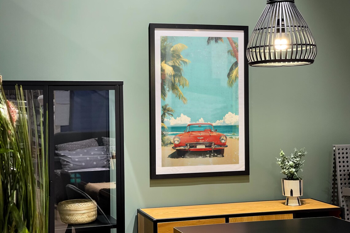 Classic Vintage Red Convertible Beach Palms Retro Summer Car Poster