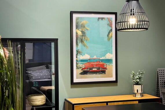 Classic Vintage Red Convertible Beach Palms Retro Summer Car Poster