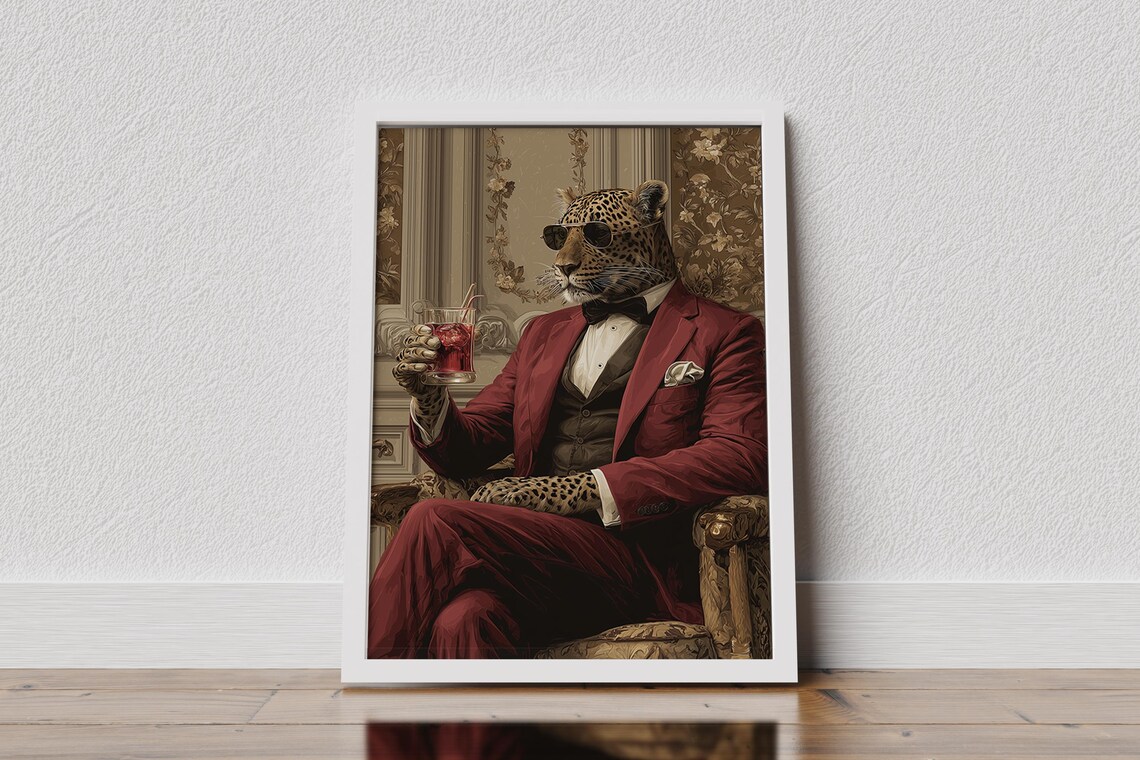 Leopard Gentleman In Red Suit Raising Cocktail Animal Wall Poster