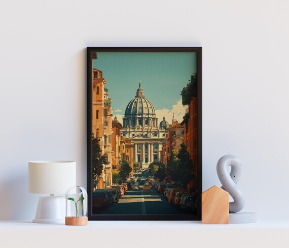 Rome Street Scene With St Peters Basilica Dome Vintage Wall Poster