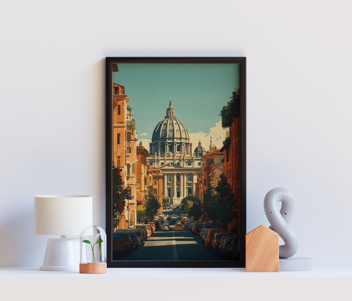 Rome Street Scene With St Peters Basilica Dome Vintage Wall Poster