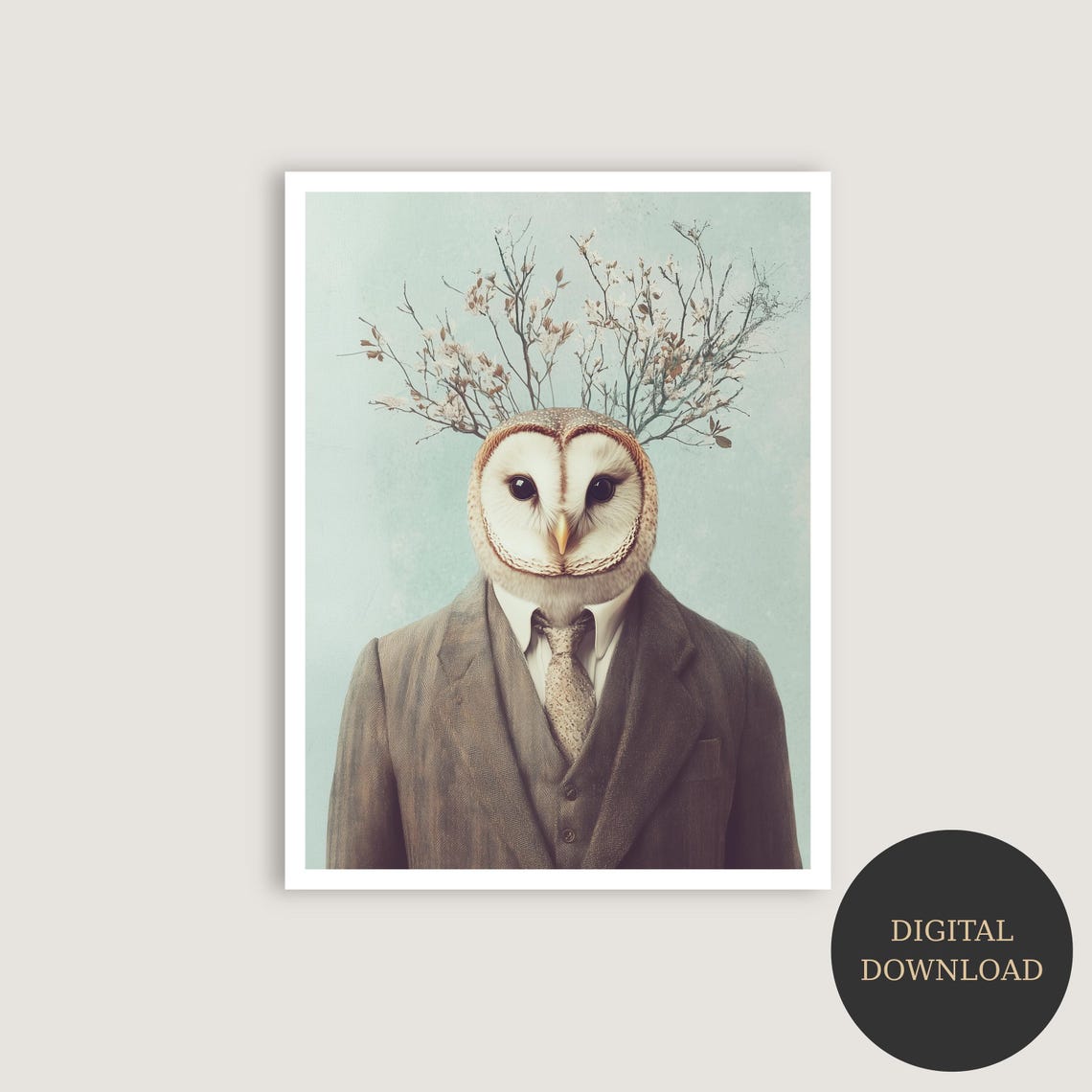 Wise Barn Owl in Suit with Branch Crown Bird Portrait Poster
