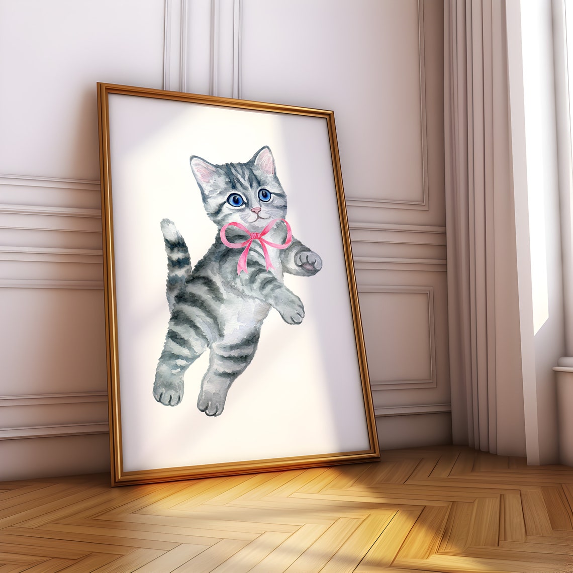 Playful Tabby Kitten with Pink Bow Watercolor Coquette Poster - Image 4