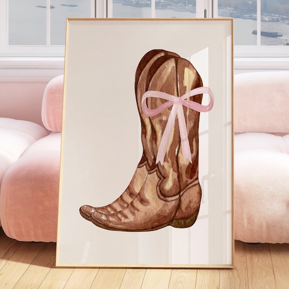 Watercolor Cowgirl Boots With Pink Bow Coastal Western Decor Poster