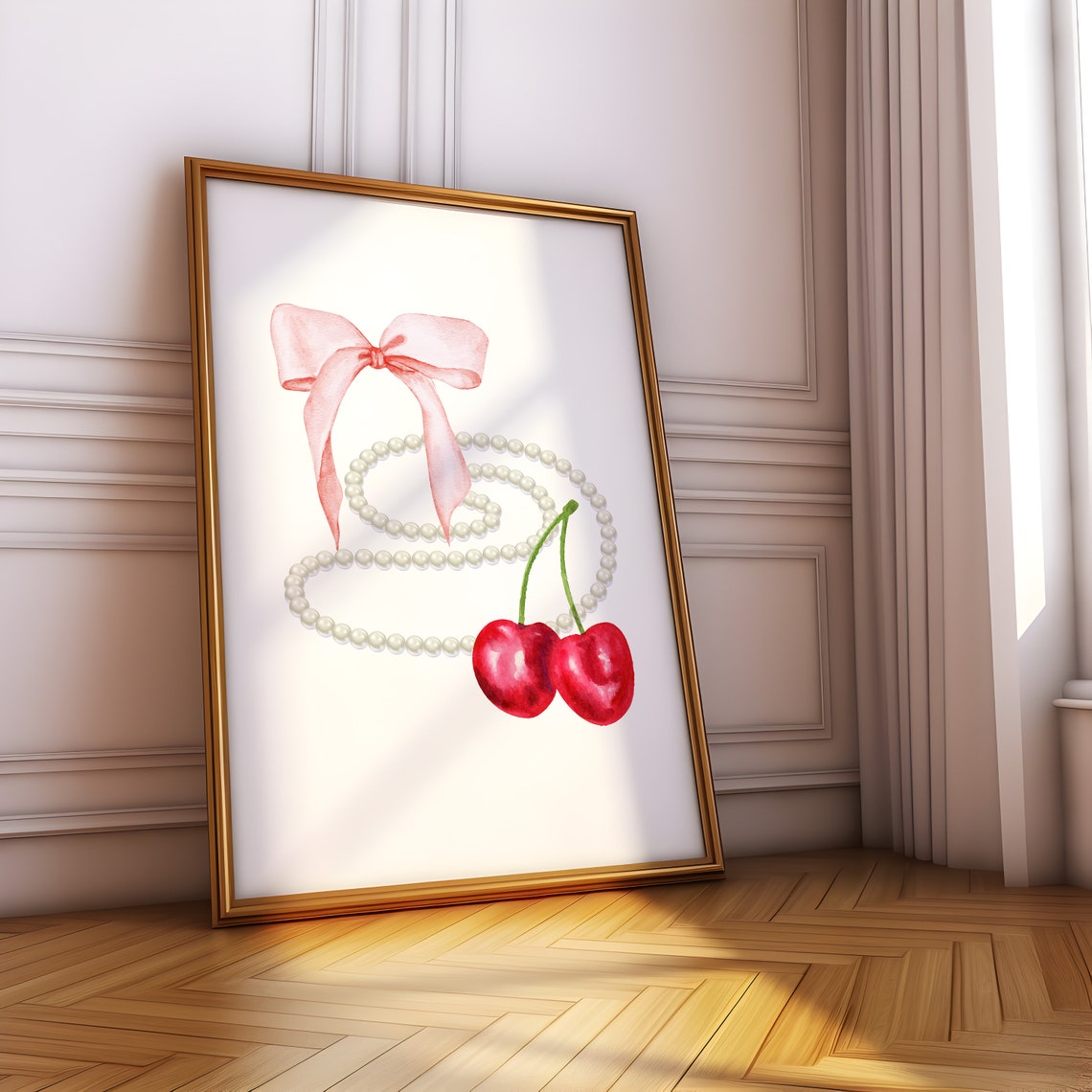 Coquette Pink Bow Pearls And Cherries Watercolor Girly Poster - Image 5