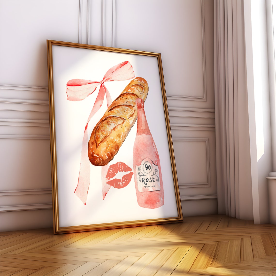 Baguette and Rose Watercolor French Kitchen Illustration Poster - Image 2