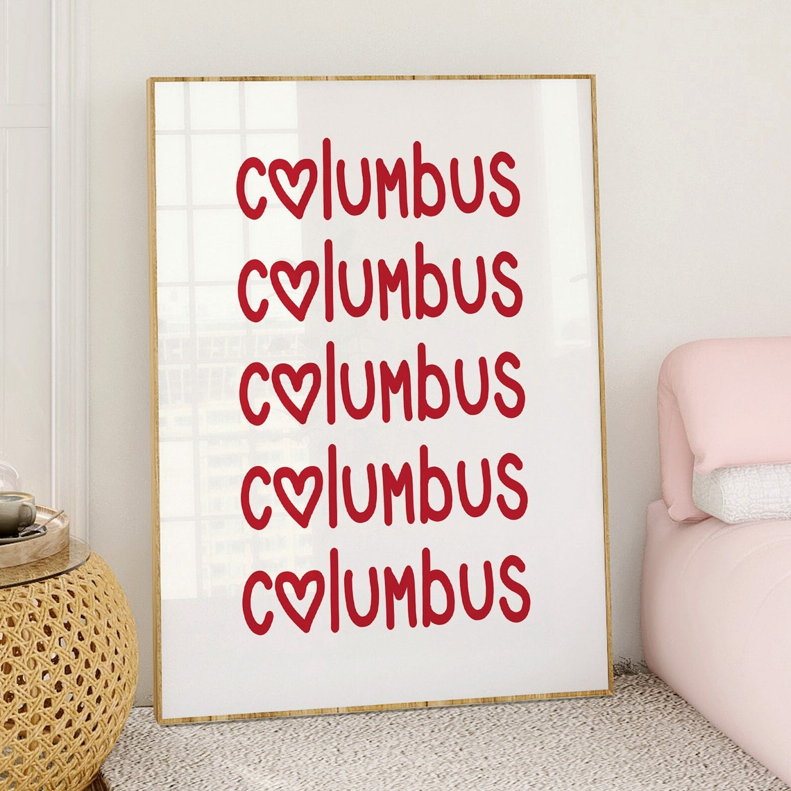 Columbus Ohio Red Heart Lettering Repeated City Typography Poster