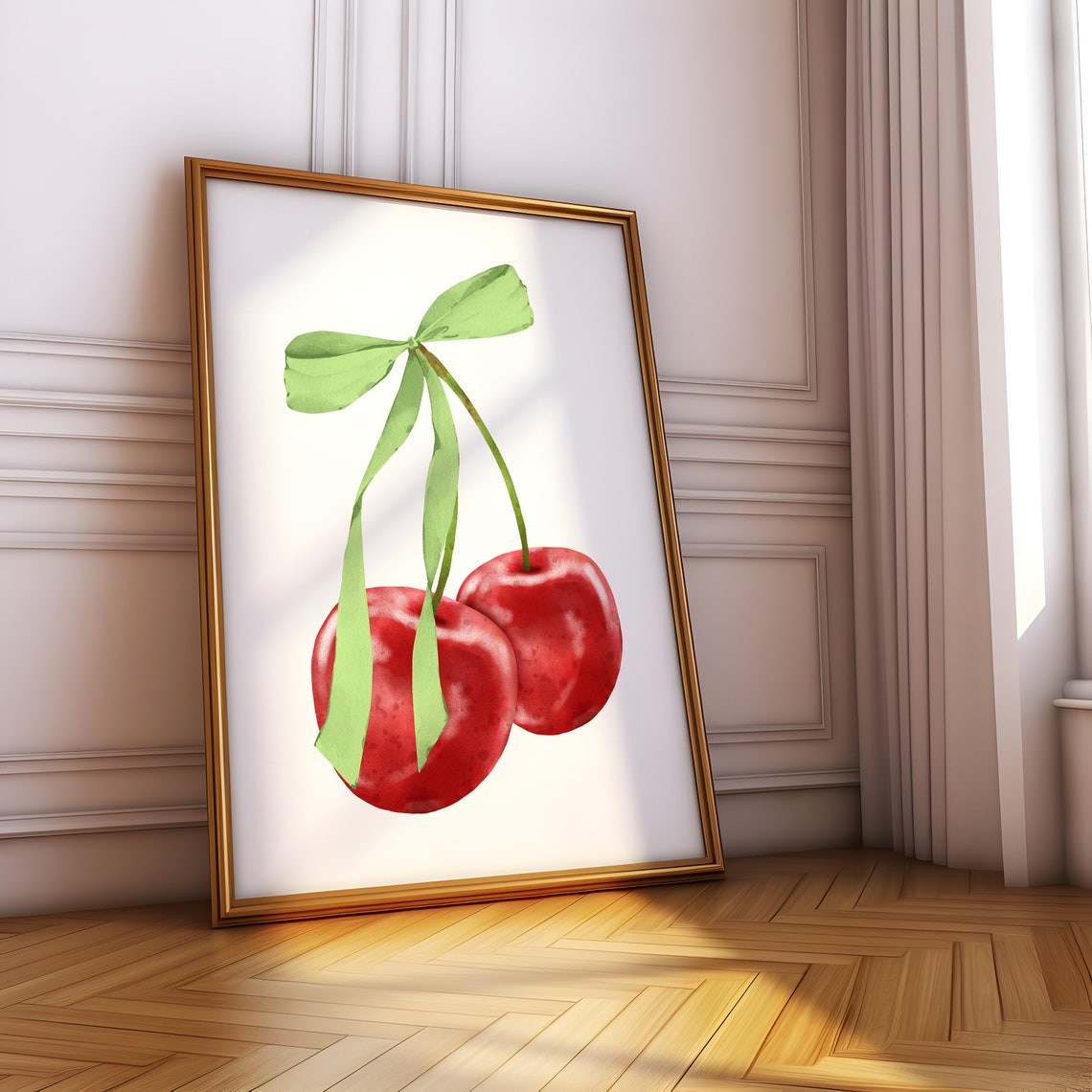 Green Bow Tied Cherries Watercolor Coquette Girly Decor Poster - Image 2