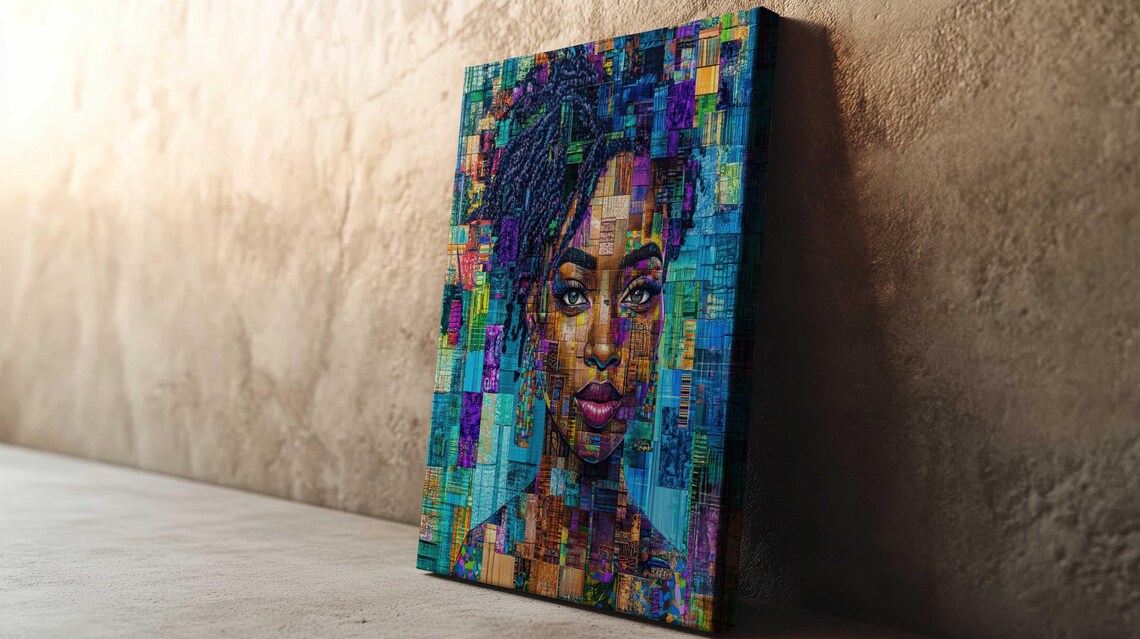 Mosaic Pixel Portrait Black Woman Teal Blue Purple Digital Art Poster - Image 3