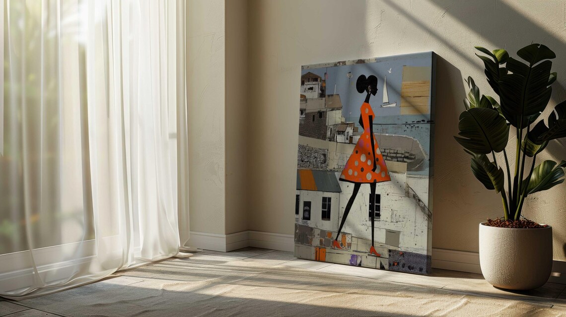 Black Woman Orange Polka Dot Dress Coastal Town Sailboat Art Print