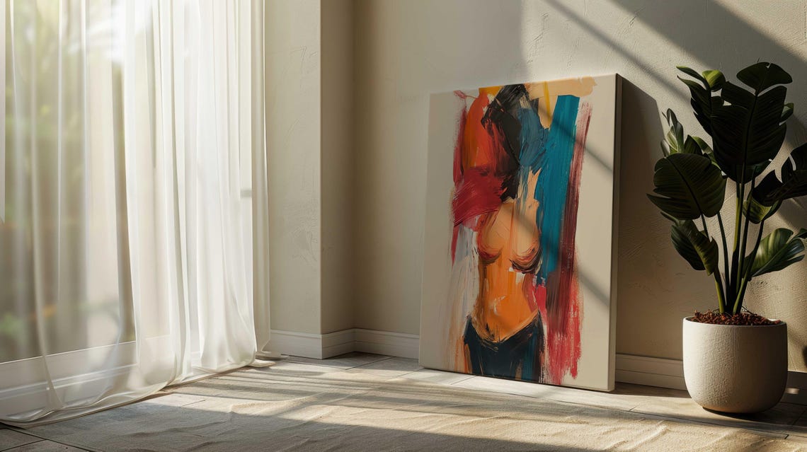 Abstract Female Torso Bold Brushstrokes Red Teal Modern Art Print