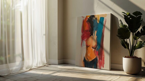 Abstract Female Torso Bold Brushstrokes Red Teal Modern Art Print