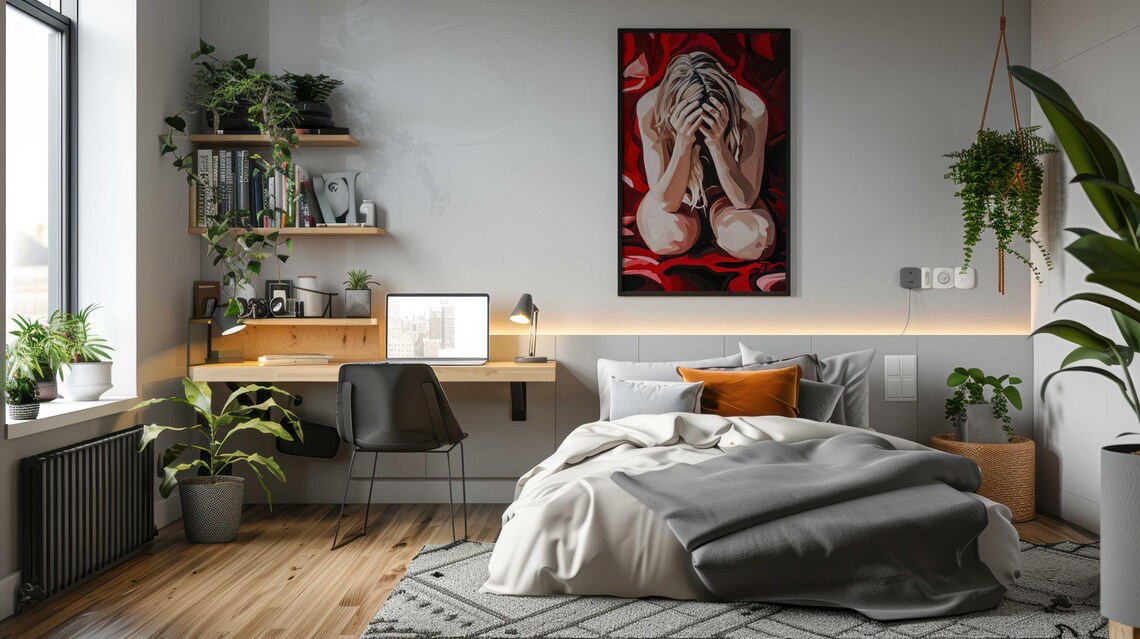 Red Background Crouching Woman Figure Emotional Abstract Art Poster - Image 2
