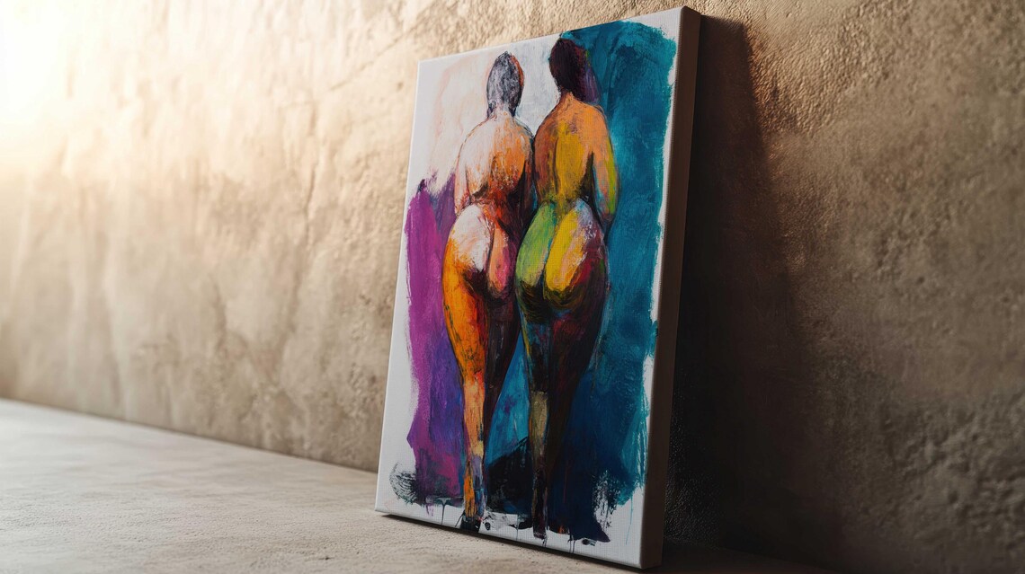Two Nude Women Walking Together Colorful Friendship Body Art Poster - Image 3