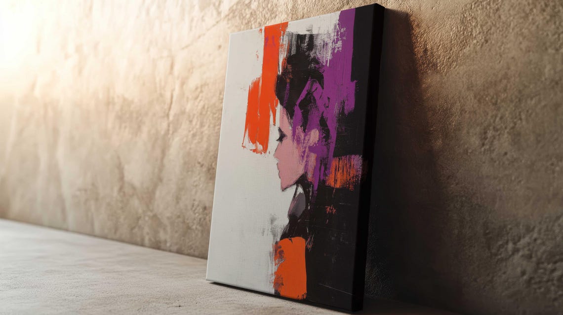 Expressionist Woman Profile Purple Orange Brushstroke Framed Poster - Image 2