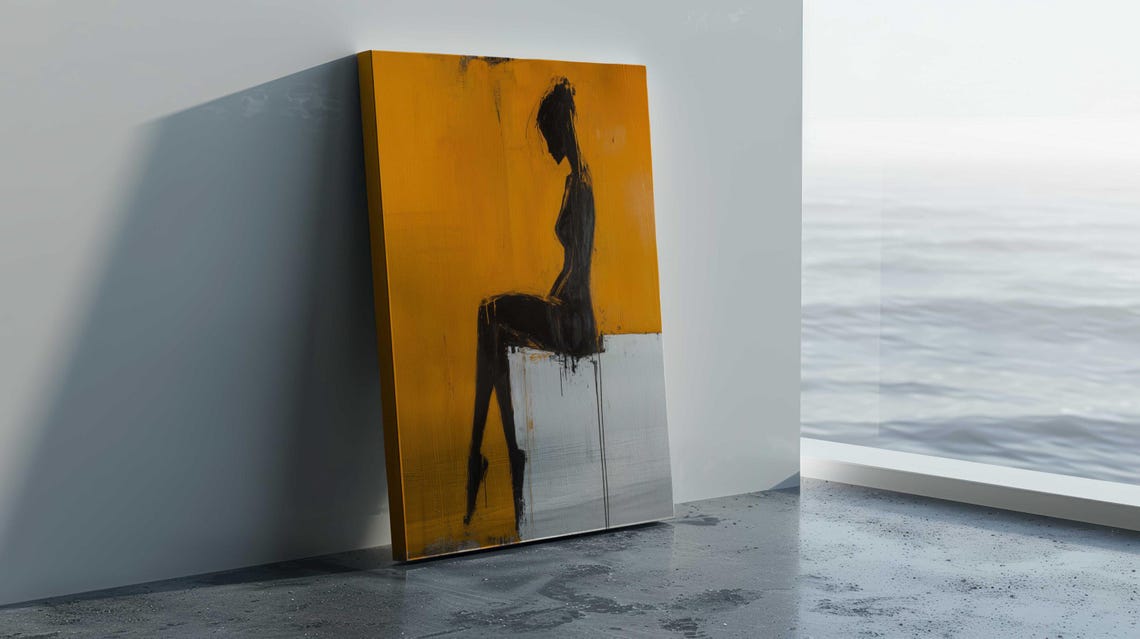 Seated Woman Black Silhouette Bold Yellow Modern Art Print Poster - Image 3