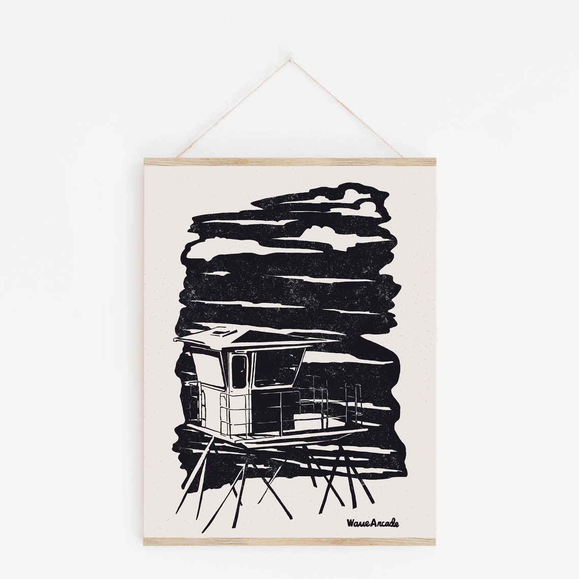 Lifeguard Tower Black and White Minimalist Beach Illustration Print - Image 2