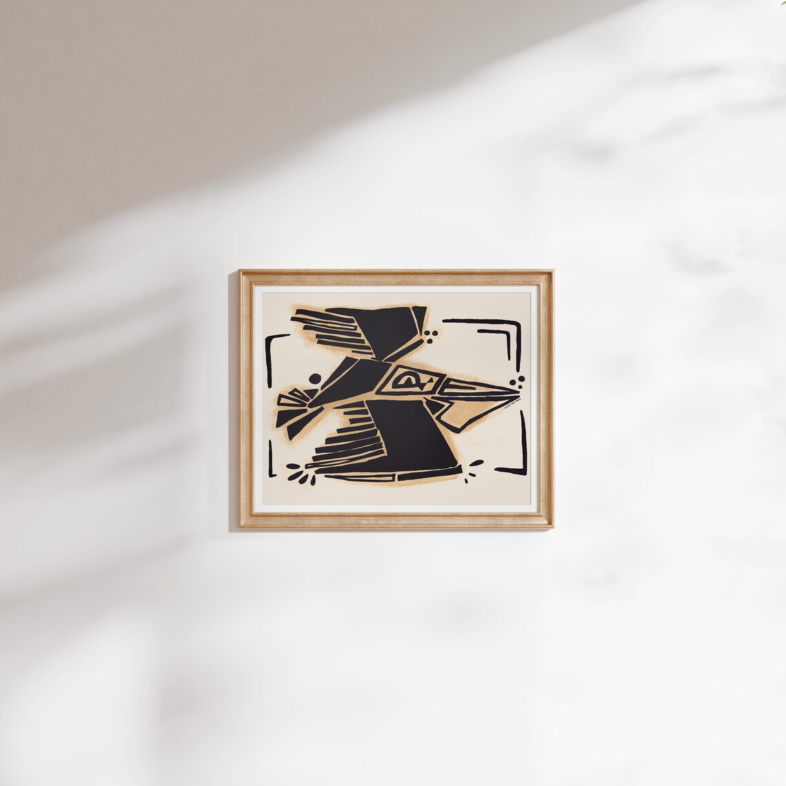 Pelican Abstract Geometric Black and Tan Coastal Bird Art Poster