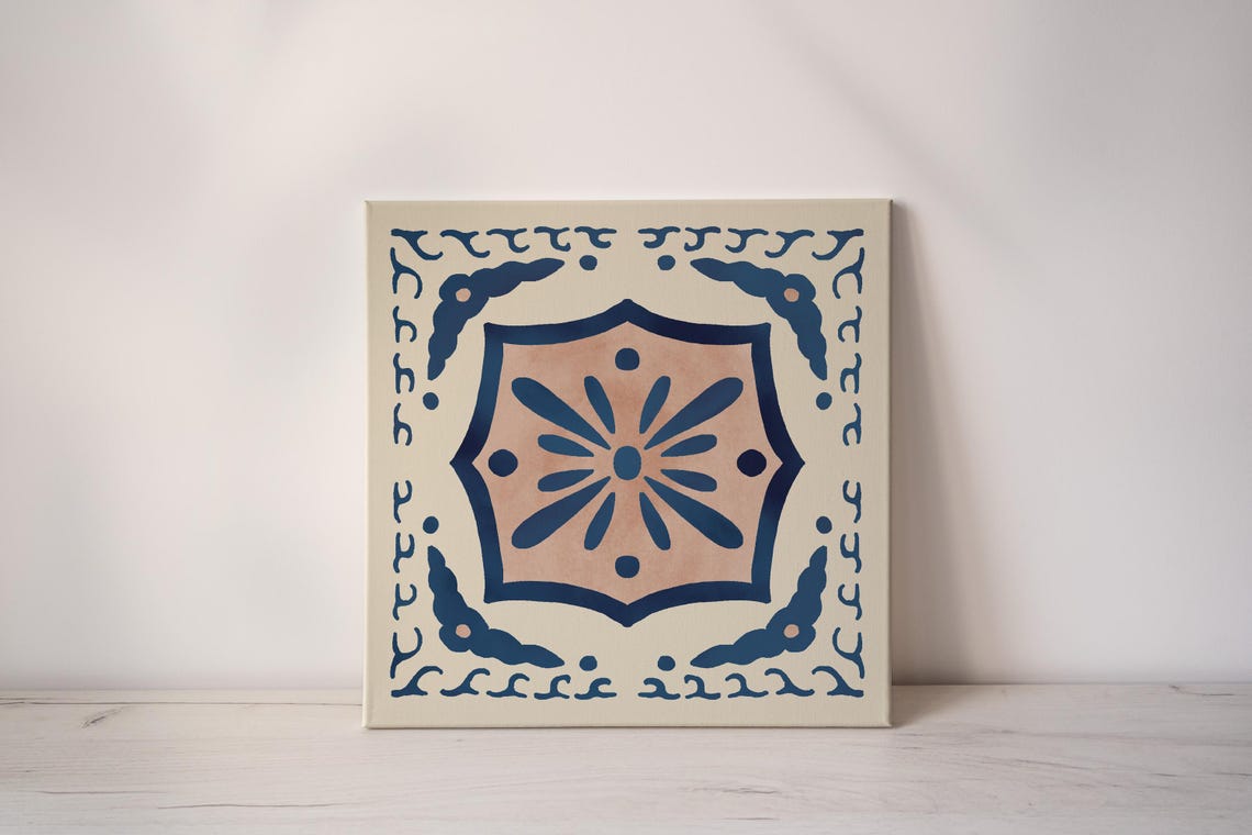 Navy Terracotta Talavera Tile Shield Medallion Square Art Poster - Image 2