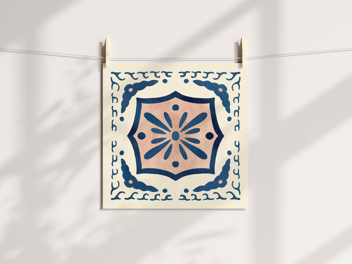 Santorini Tile No 8 Blue Pink Medallion Coastal Pattern Art Poster - Image 2