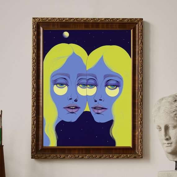 Mirrored Twin Blue Faces Surreal Moonlit Night Portrait Poster