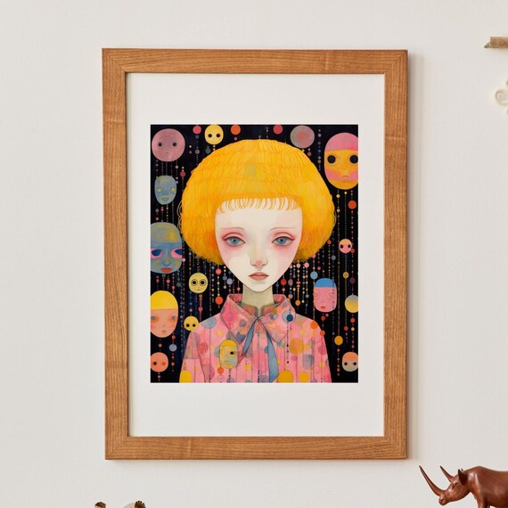 Dream Girl Surreal Portrait Blonde Bob Floating Faces Art Poster