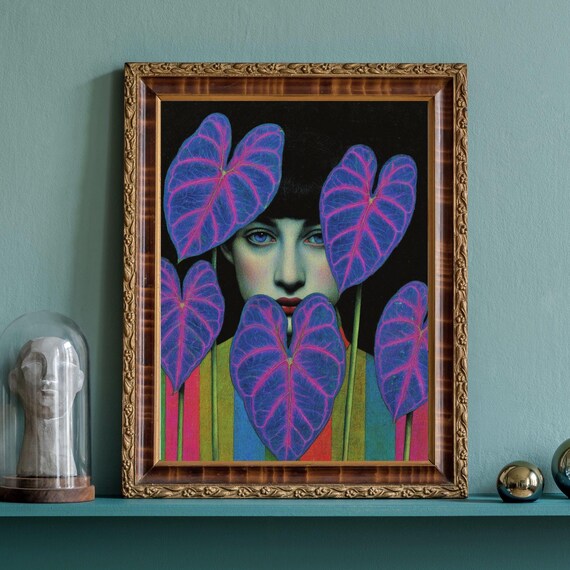 Neon Caladium Leaves Woman Portrait Surreal Botanical Poster Art