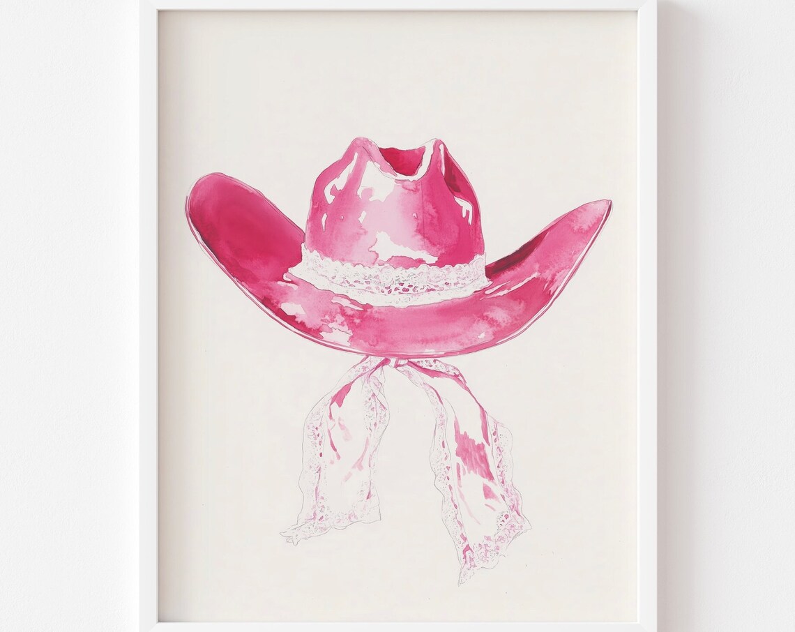 Magenta Cowgirl Hat with Lace Band Watercolor Western Wall Art