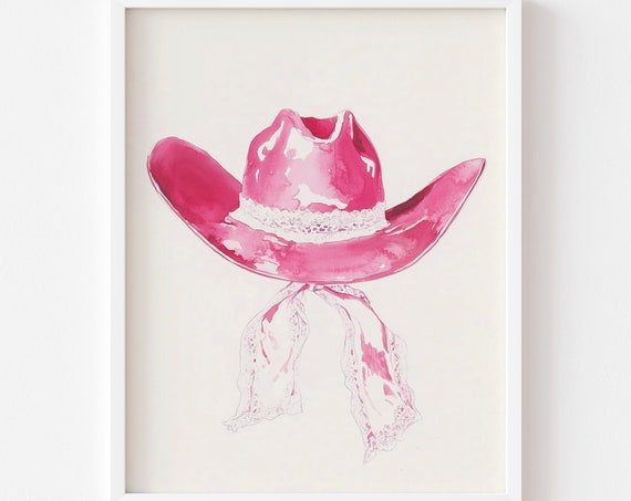 Girly Western Pink Cowgirl Hat Art Vintage Coquette Decor Country Dorm Room Aesthetic Watercolor Nursery Wall Art Print