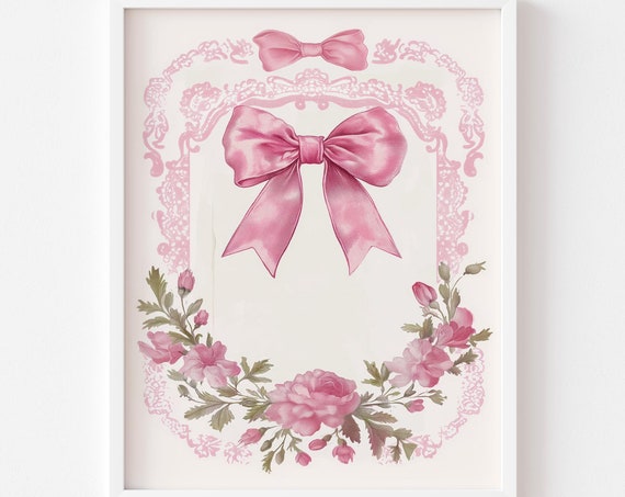 Preppy Pink Coquette Bow Vintage Girly Wall Art Hand Drawn Bow Illustration Balletcore Nursery Decor Aesthetic Dorm Room
