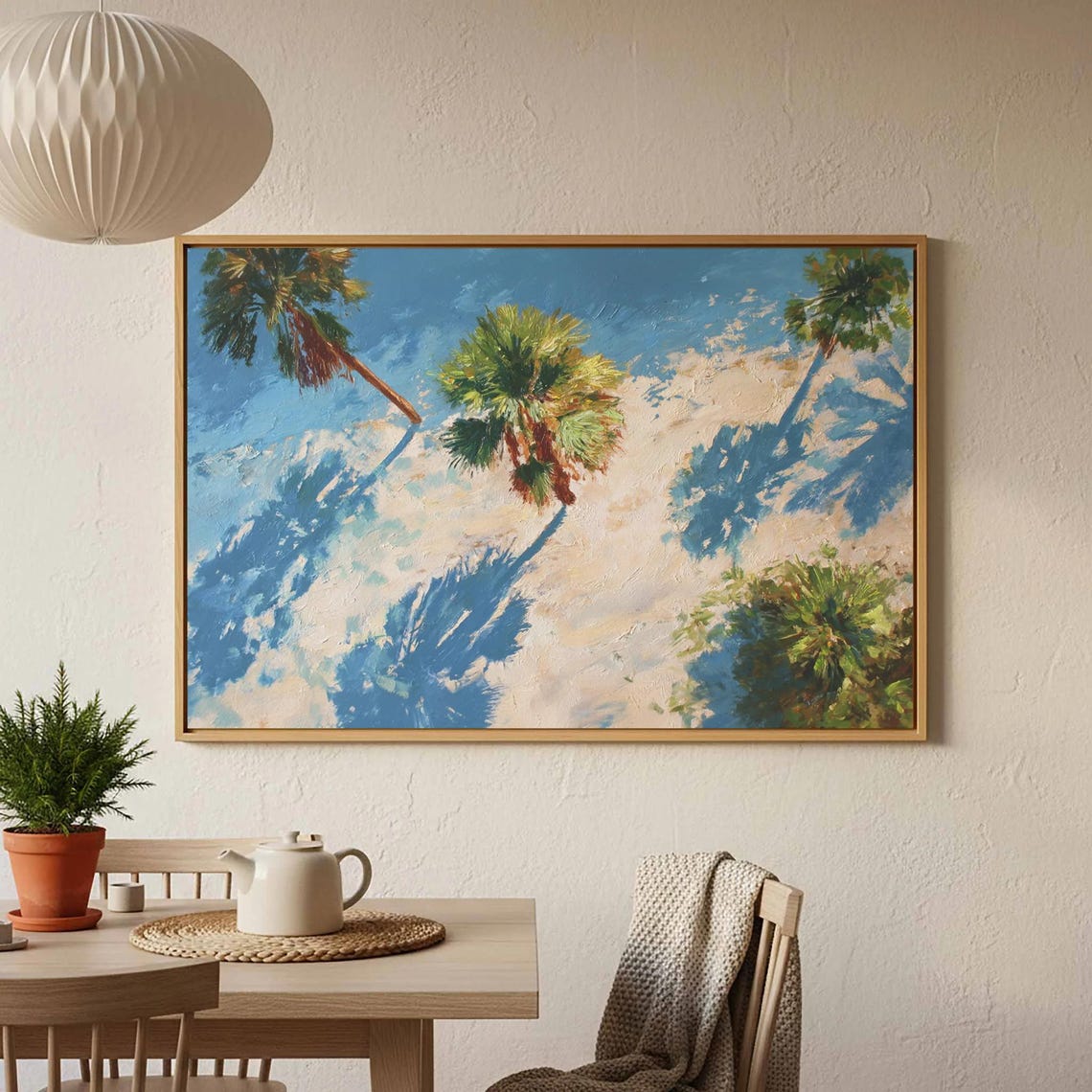 Tall Palm Trees Over Beach Sand Bright Blue Sky Painting Poster