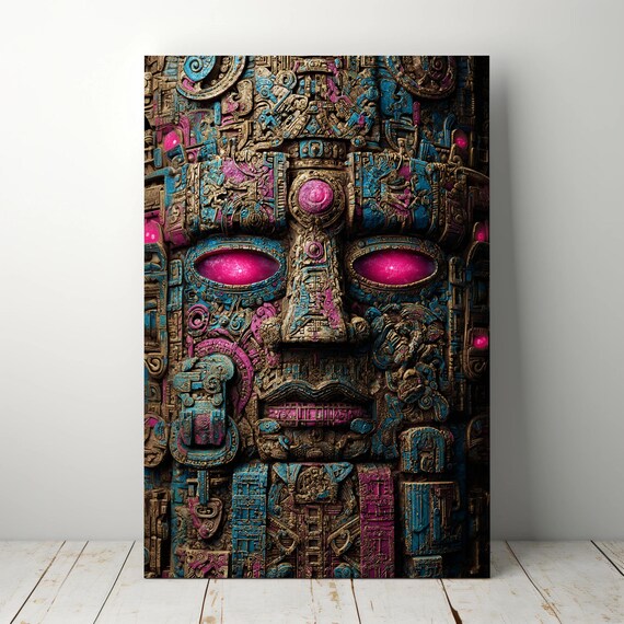 Ancient Mayan Totem Carved Stone Face Neon Eyes Tribal Wall Art