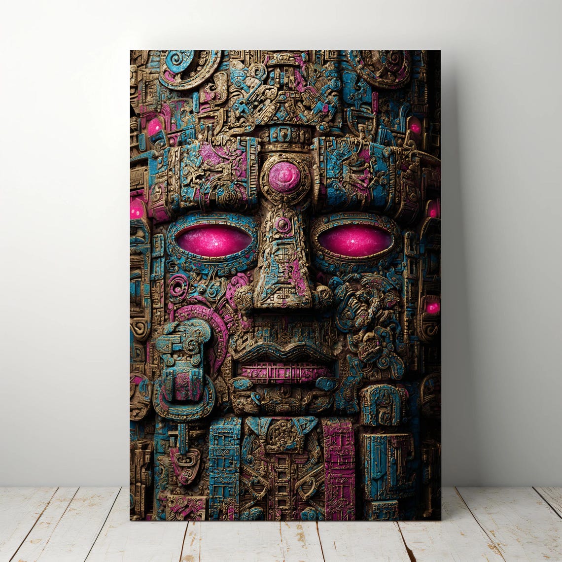 Ancient Mayan Totem Carved Stone Face Neon Eyes Tribal Wall Art