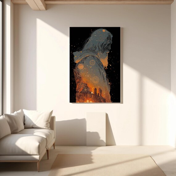 Mystic Hooded Wizard Silhouette Celestial Star Fantasy Art Poster