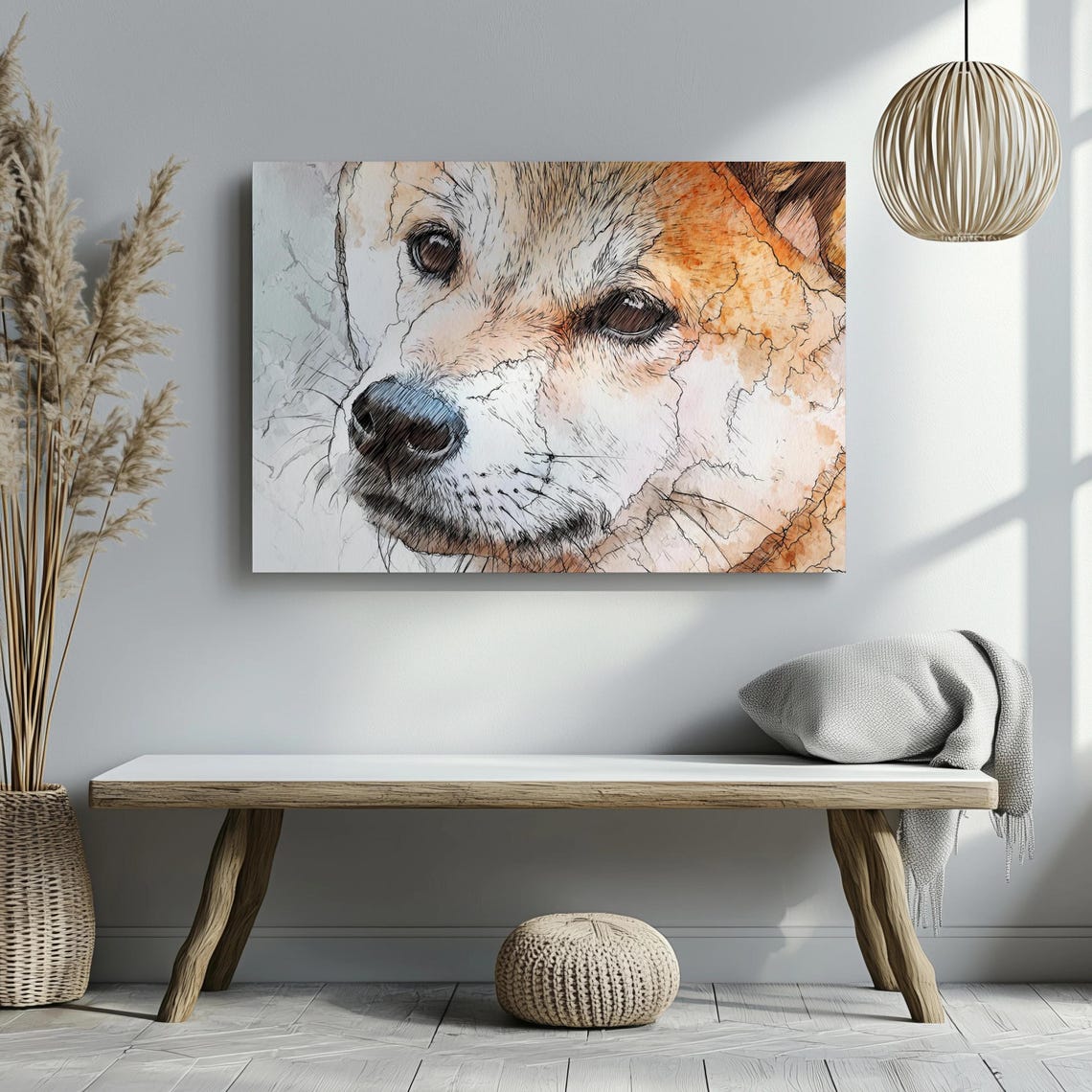 Shiba Inu Dog Sketch Modern Portrait Watercolor Style Wall Art