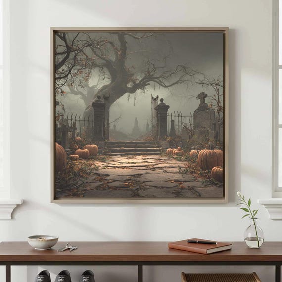 Halloween Graveyard Canvas Print Spooky Cemetery Wall Art